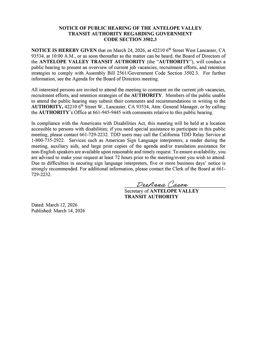 Notice of Public Hearing of the Antelope Valley Transit Authority Regarding Government Code Section 3502.3